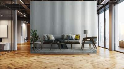 Living room interior wall mock up in warm neutrals with wooden sofa,modern cozy style decoration on empty white wall background. 3D rendering Wall mural