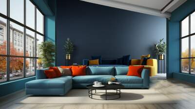 Modern interior of living room design and blue wall background Wall mural