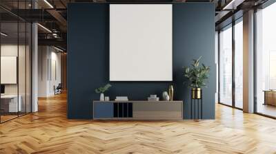 Modern loft living room and blue wall texture background and picture fame interior design / 3D rendering Wall mural