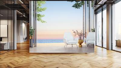 Modern tropical living room interior design and sea view background Wall mural