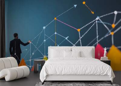 abstract business man stands on the peak of success amid tall, innovative Arrows point the way to success. and graphs with statistics to analyze business potential and predict future developments in Wall mural