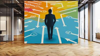 abstract business man stands on the peak of success amid tall, innovative Arrows point the way to success. and graphs with statistics to analyze business potential and predict future developments in Wall mural