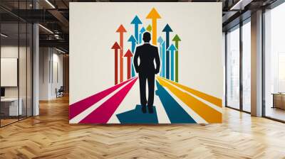 abstract business man stands on the peak of success amid tall, innovative Arrows point the way to success. and graphs with statistics to analyze business potential and predict future developments in Wall mural