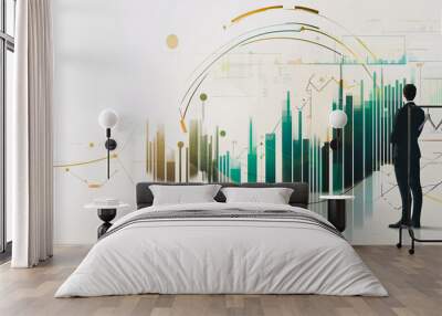 Abstract business man stands on the peak of success amid tall, innovative Smart city and graphs with statistics to analyze business potential and predict future developments in company growth.	 Wall mural