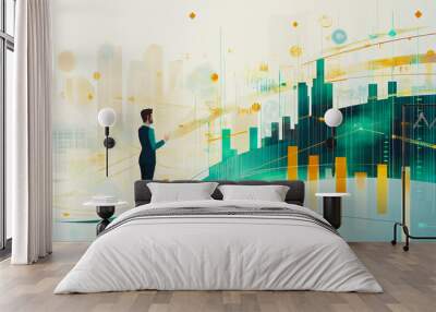 Abstract business man stands on the peak of success amid tall, innovative Smart city and graphs with statistics to analyze business potential and predict future developments in company growth.	 Wall mural