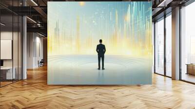 Abstract business man stands on the peak of success amid tall, innovative Smart city and graphs with statistics to analyze business potential and predict future developments in company growth.	 Wall mural