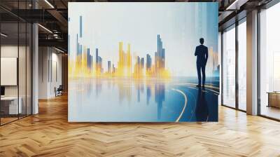 Abstract business man stands on the peak of success amid tall, innovative Smart city and graphs with statistics to analyze business potential and predict future developments in company growth.	 Wall mural