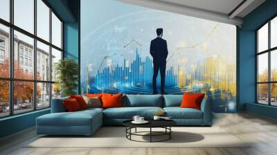 Abstract business man stands on the peak of success amid tall, innovative Smart city and graphs with statistics to analyze business potential and predict future developments in company growth.	 Wall mural