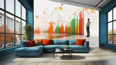 Abstract business man stands on the peak of success amid tall, innovative Smart city and graphs with statistics to analyze business potential and predict future developments in company growth.	 Wall mural