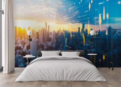 Abstract business team stands on the peak of success amid tall, innovative Smart city and graphs with statistics to analyze business potential and predict future developments in company growth. Wall mural