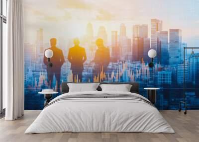 Abstract business team stands on the peak of success amid tall, innovative  Smart city and graphs with statistics to analyze business potential and predict future developments in company growth. Wall mural