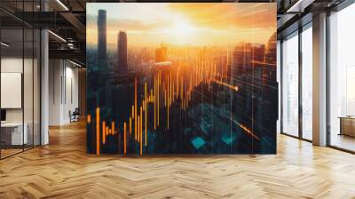 Abstract business team stands on the peak of success amid tall, innovative Smart city and graphs with statistics to analyze business potential and predict future developments in company growth. Wall mural