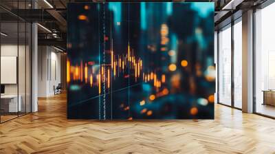 Abstract business team stands on the peak of success amid tall, innovative Smart city and graphs with statistics to analyze business potential and predict future developments in company growth. Wall mural