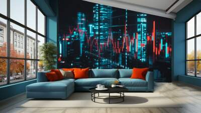 Abstract business team stands on the peak of success amid tall, innovative Smart city and graphs with statistics to analyze business potential and predict future developments in company growth. Wall mural