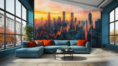 Abstract business team stands on the peak of success amid tall, innovative Smart city and graphs with statistics to analyze business potential and predict future developments in company growth. Wall mural