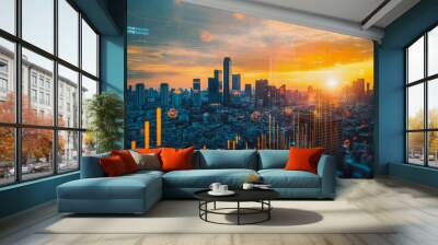 Abstract business team stands on the peak of success amid tall, innovative Smart city and graphs with statistics to analyze business potential and predict future developments in company growth. Wall mural