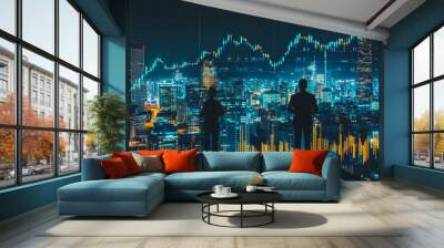 Abstract business team stands on the peak of success amid tall, innovative  Smart city and graphs with statistics to analyze business potential and predict future developments in company growth. Wall mural