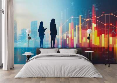 Abstract business team work stands on the peak of success amid tall, innovative Smart city and graphs with statistics to analyze business potential and predict future developments in company growth.

 Wall mural