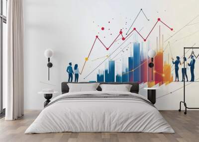 Abstract business team work stands on the peak of success amid tall, innovative Smart city and graphs with statistics to analyze business potential and predict future developments in company growth. Wall mural