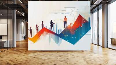 Abstract business team work stands on the peak of success amid tall, innovative Smart city and graphs with statistics to analyze business potential and predict future developments in company growth. Wall mural