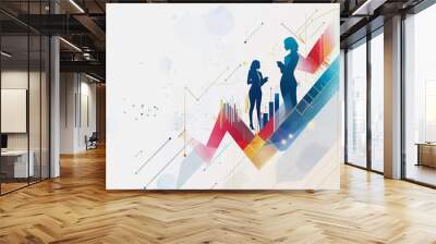 Abstract business team work stands on the peak of success amid tall, innovative Smart city and graphs with statistics to analyze business potential and predict future developments in company growth. Wall mural