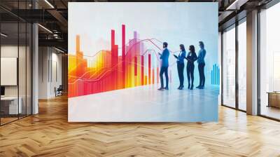 Abstract business team work stands on the peak of success amid tall, innovative Smart city and graphs with statistics to analyze business potential and predict future developments in company growth.

 Wall mural