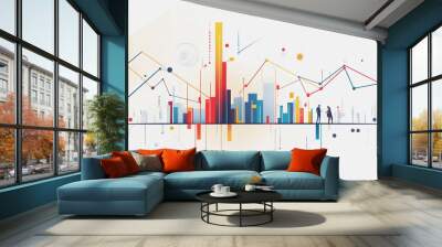 Abstract business team work stands on the peak of success amid tall, innovative Smart city and graphs with statistics to analyze business potential and predict future developments in company growth. Wall mural