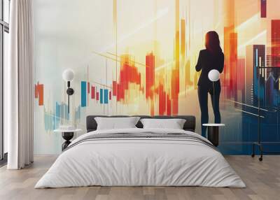 Abstract business woman stands on the peak of success amid tall, innovative Smart city and graphs with statistics to analyze business potential and predict future developments in company growth. Wall mural