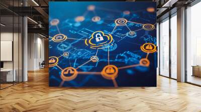 abstract innovative cyber security network, using interconnected nodes to represent business partnerships on the Smart digital Innovation city with connection network reciprocity over the smart city Wall mural