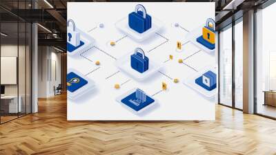 abstract innovative cyber security network, using interconnected nodes to represent business partnerships on the Smart digital Innovation city with connection network reciprocity over the smart city Wall mural