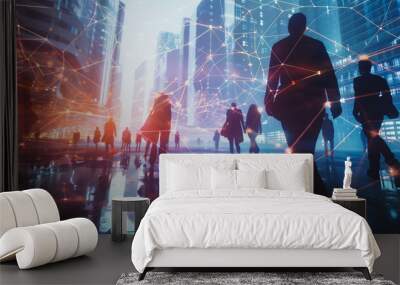 abstract professional business team people connection of line from nail node to node on cityscap and skyline  background , networking concept Wall mural