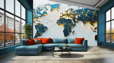 Abstract white background with Colorful business connection of line from nail node to node on world map background Innovation network points Earth's surface Wall mural