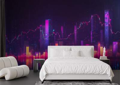 Abstract  with pastel colorful charts and graphs with statistics to analyze business potential and forecast future development of companies growth. with city skyline and modern building background Wall mural