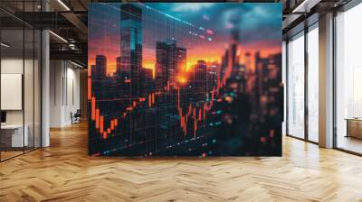 Abstract  with pastel colorful charts and graphs with statistics to analyze business potential and forecast future development of companies growth. with city skyline and modern building background Wall mural