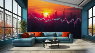 Abstract  with pastel colorful charts and graphs with statistics to analyze business potential and forecast future development of companies growth. with city skyline and modern building background Wall mural