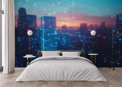 Smart digital city with connection cyber security network reciprocity over the cityscape . future smart wireless digital city and social media networking systems that connects people within the city Wall mural