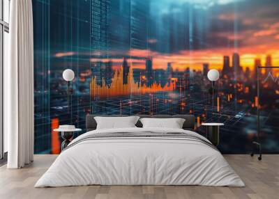 Smart digital city with connection network  that is at the cutting edge of innovation in technology and business with bright, modern skyscrapers. Backgrounds for technology and charts and graphs   Wall mural