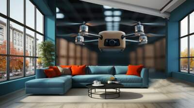 Close-up of a modern drone in an industrial warehouse, showcasing advanced technology and efficient design among storage boxes. Wall mural