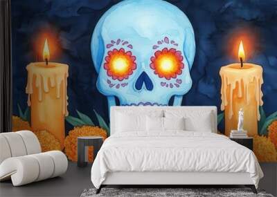 Vibrant illustration of a decorated skull with glowing eyes, surrounded by marigolds and candles, celebrating the Day of the Dead. Wall mural