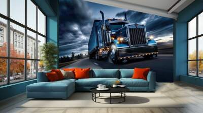  Truck Transportation logistics, this black freight truck on a fast city lane underscores the velocity of urban supply chains and the prowess of truck transportation logistics. Wall mural