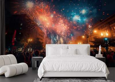 4th of July fireworks display over water with onlookers, holiday celebration, patriotic event, city skyline backdrop, dusk scenery, festive mood. Wall mural