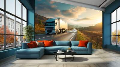 Cargo truck on mountain highway, sunset horizon, freight delivery, logistics industry, scenic transport, road trip, commercial logistics, evening light. Wall mural