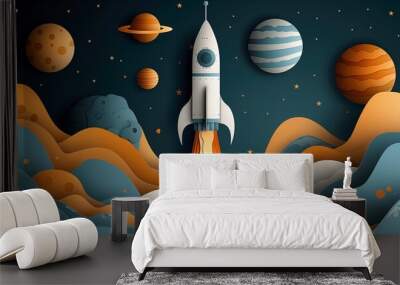 Dreamy space journey illustration with a friendly rocket, ideal for creative wallpapers and educational materials Wall mural