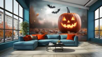 Halloween glowing Jack-o-lantern with spooky ghosts and bats in the background, ideal for a Halloween commercial. Wall mural