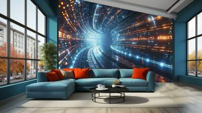 Radiant energy burst particles spiraling toward a central light depicting a cosmic event or data explosion deep space Abstract visualization of a particle accelerator explosion glowing light trails Wall mural