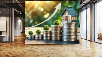 rising financial arrow over coin stacks with a house on top, symbolizing investment, economic growth Wall mural