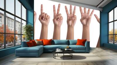 Set of counting hand women sign isolated on white front Wall mural