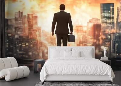 Silhouetted Businessman Against Towering Cityscape at Sunset Wall mural