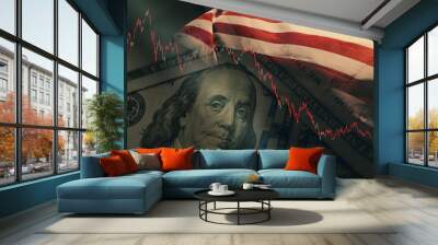 Stock market trading graph in red color economy. usa flag dollar bill background. Trading trends and economic development. Effect of recession on US economy. Stock crash market exchange loss trading Wall mural