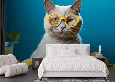 Summer holiday joy with a fluffy white cat wearing yellow sunglasses, surrounded by fresh lemons, capturing the essence of sunny leisure and relaxation. Wall mural